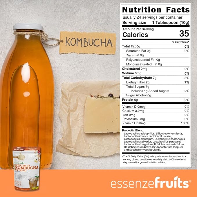 Essenzefruits Apple Ginger Kombucha Powder Tea Mix Beverage – Sugar Free, Fermented & Dried - Just Add Water! Live Probiotics & Prebiotic Blend, Vitamin C - Makes up to 30 Cups (8 Oz, 226g)