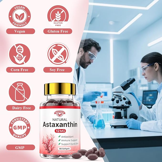 Astaxanthin 12mg Astaxanthin Tanning Softgels with Natural Fresh Microalgae Source Antioxidant Supplement Support Skin Eye Joint Internal Circulation and Immune Health, Non-GMO (90 Count)