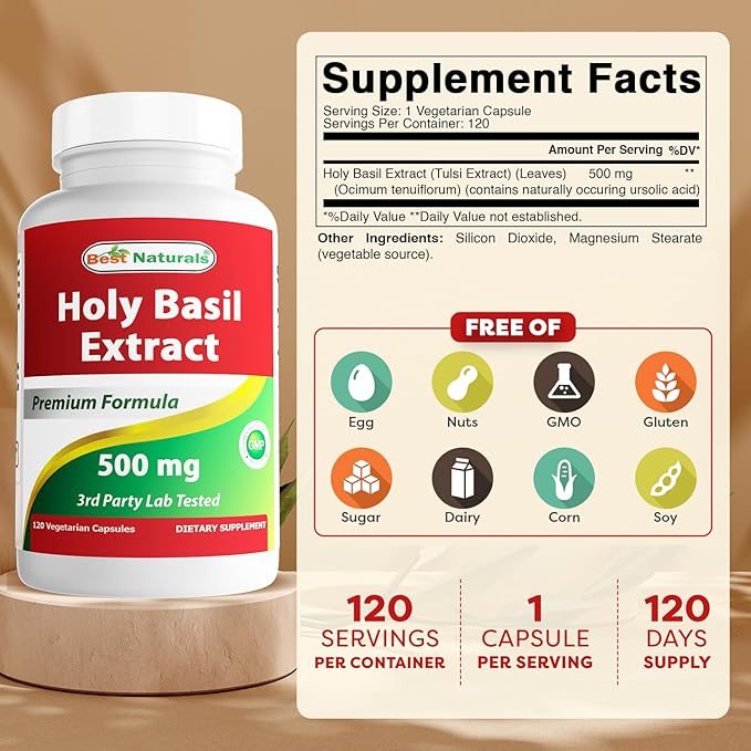 Best Naturals Holy Basil Extract 500 mg 120 VCaps (120 Count (Pack of 2))