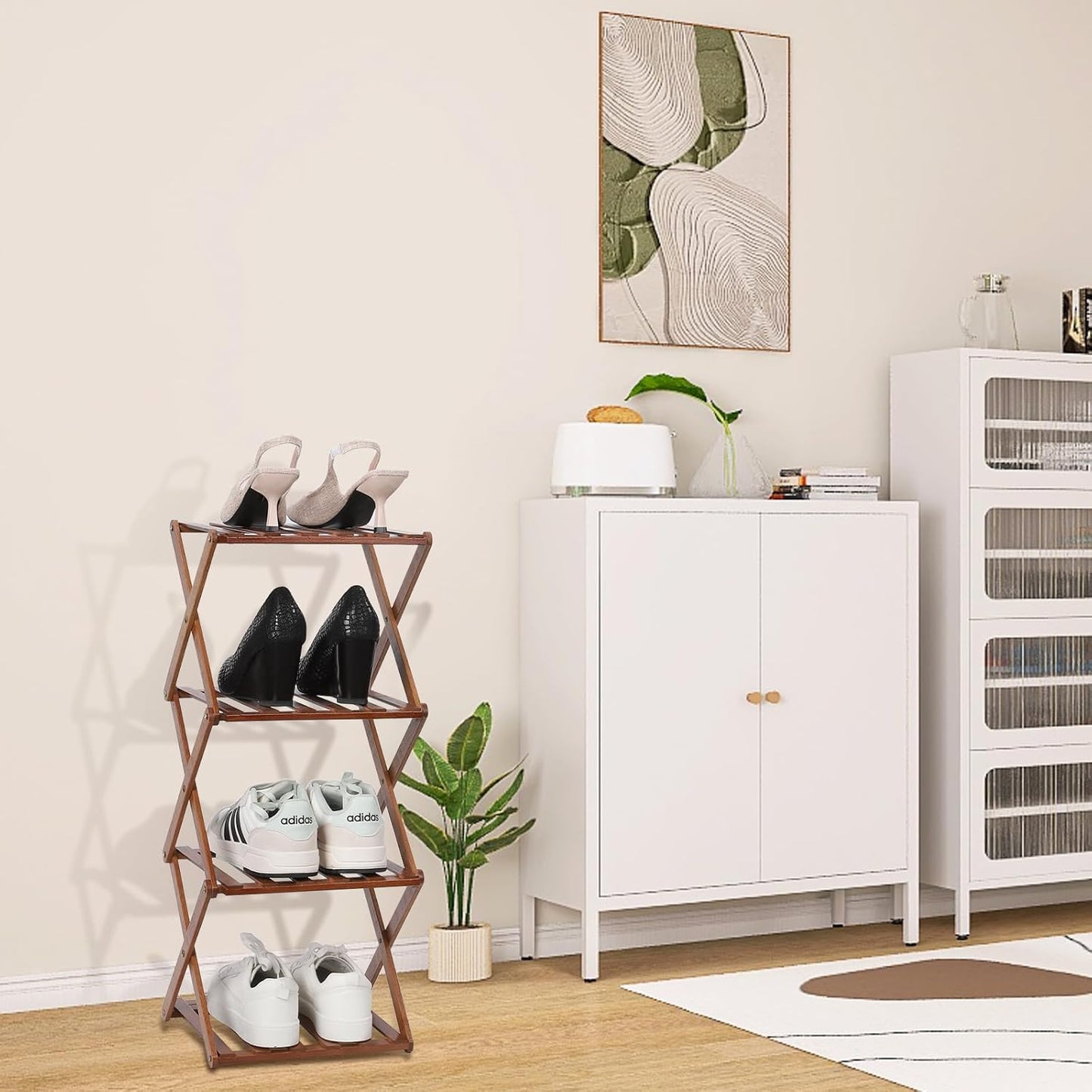 Bamboo Shoe Rack 4 Tier Foldable Shoe Rack Vertical Bamboo Shoe Organizer Free Standing Shelf for Entryway, Closet, Bedroom, Walnut Color