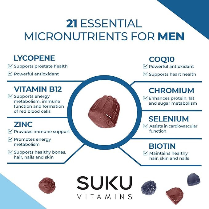 SUKU Men's Daily Multivitamin Gummies – Vitamins A, B12, C, D3, E, Zinc, CoQ10 & Lycopene – Prostate, Heart & Immune Support – Sugar-Free, Vegan, Mixed Fruit Fusion – 60 Count