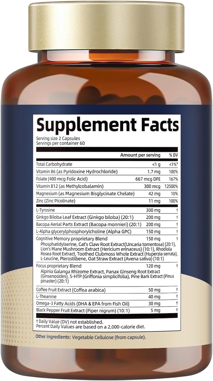 C-ognitive with Caffeine Pills, L-Tyrosine, Alpha GPC, Ginkgo Biloba, Bacopa Monnieri Brain Supplement for Memory and Focus, Brain Nootropic Support - Non-GMO, Gluten Free (120 Counts)