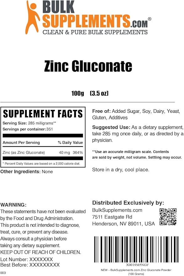 BulkSupplements.com Zinc Gluconate Powder - Zinc 40mg, Mineral Supplement for Immune Support - Gluten Free, 285mg per Serving, 100g (3.5 oz) (Pack of 1)