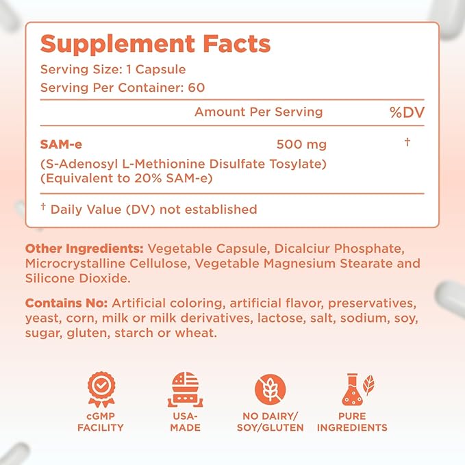 Bioactive SAM-e 500mg - High Strength SAM-e Supplement with Biologically Active S,S Form for Liver and Mood Support - Vegan Non-GMO Preservative Free - Made in The US (60 Servings)