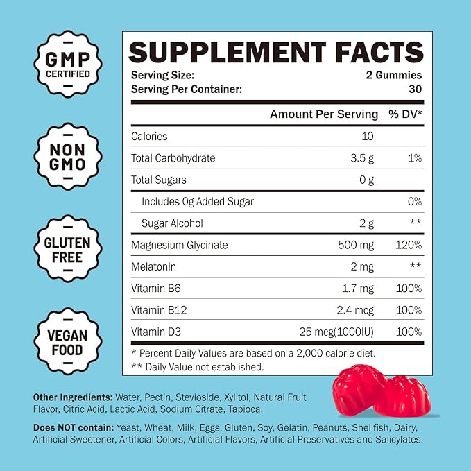 Magnesium Glycinate Gummies 500mg for Adults Sleep Support, Chewable Magnesium Gummies for Women & Men, Muscle Relief & Magnesium Supply (60 Gummies)