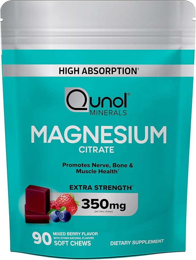 Qunol Magnesium Citrate Soft Chews, 350mg Extra Strength Magnesium Supplement, High Absorption to Support Nerve, Bone and Muscle Health, 90 Count