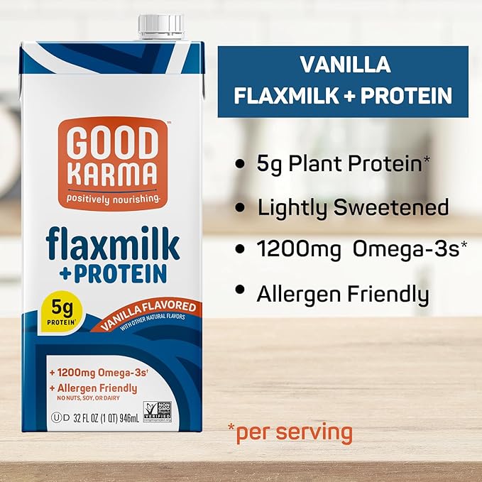 Good Karma Vanilla Flaxmilk +Protein, 32 Ounce (Pack of 6), 5g Plant Protein + 1200mg Omega-3 Per Serving, Plant-Based Non-Dairy Milk Alternative, Lactose Free, Nut Free, Vegan, Shelf Stable