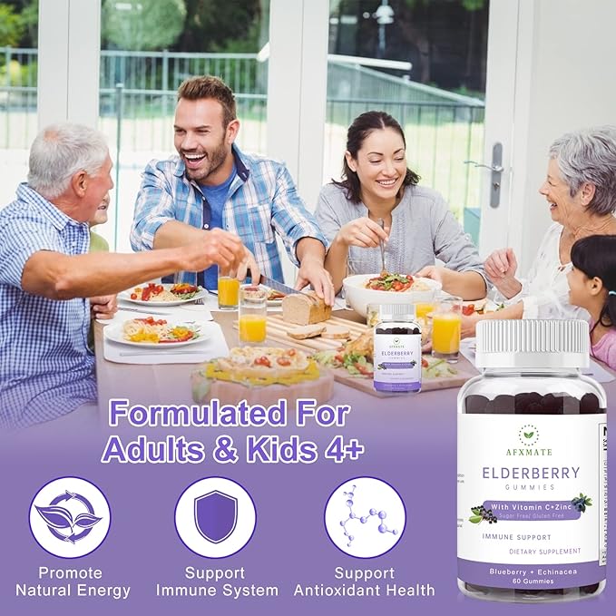 Sambucus Elderberry Gummies, Black Elderberry Gummy with Zinc and Vitamin C for Adults, Sugar Free Kids Multivitamin Gummies Immune Support* Supplement (2 Pack)