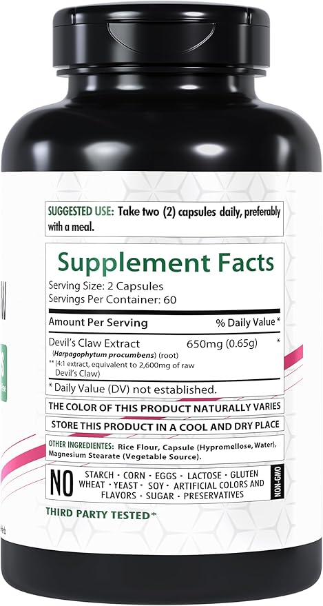 Devil's Claw Herbal Supplement, Extract 2600mg | 120 Veg Capsules | Support Low Back Discomfort | Max Potency Formula | Non-GMO | Gluten-Free
