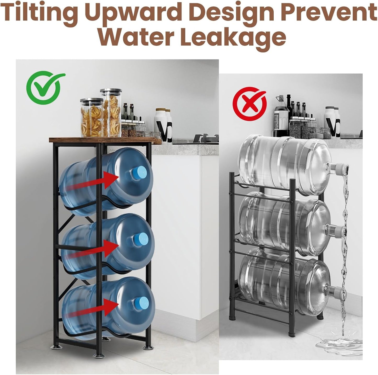 5 Gallon Water Jug Holder, 3-Tier Water Bottle Holder with Wood Top Shelf, Heavy Duty Water Cooler Jug Rack, Water Dispenser Storage Stand for Kitchen Office and Living Room