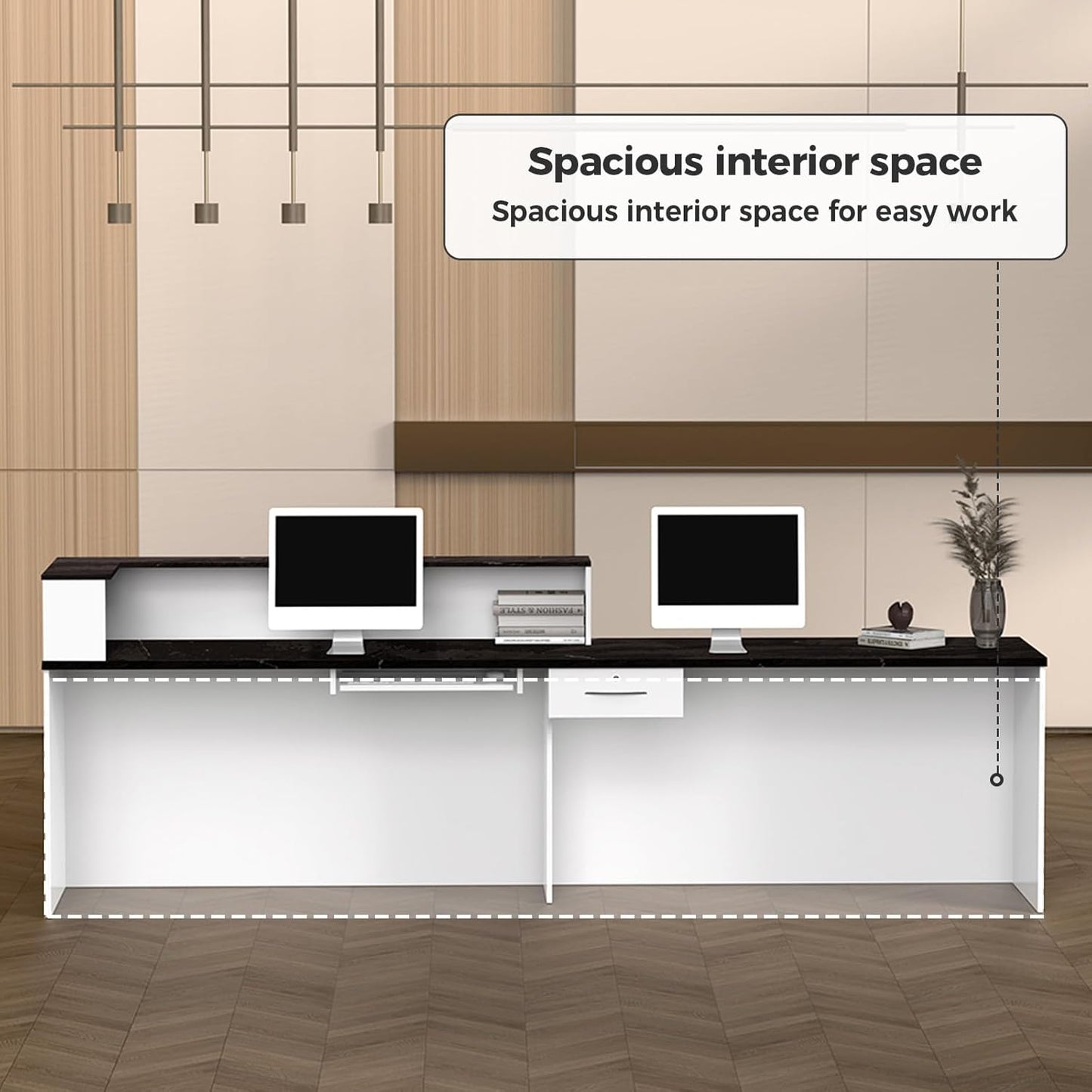 L Shape Reception Desk with Counter, Lockable Drawer, Keyboard Tray, and Double-Layer Storage for Salon, Office, or Clinic (White+Black/Left, 71" L*24" W*39" H)
