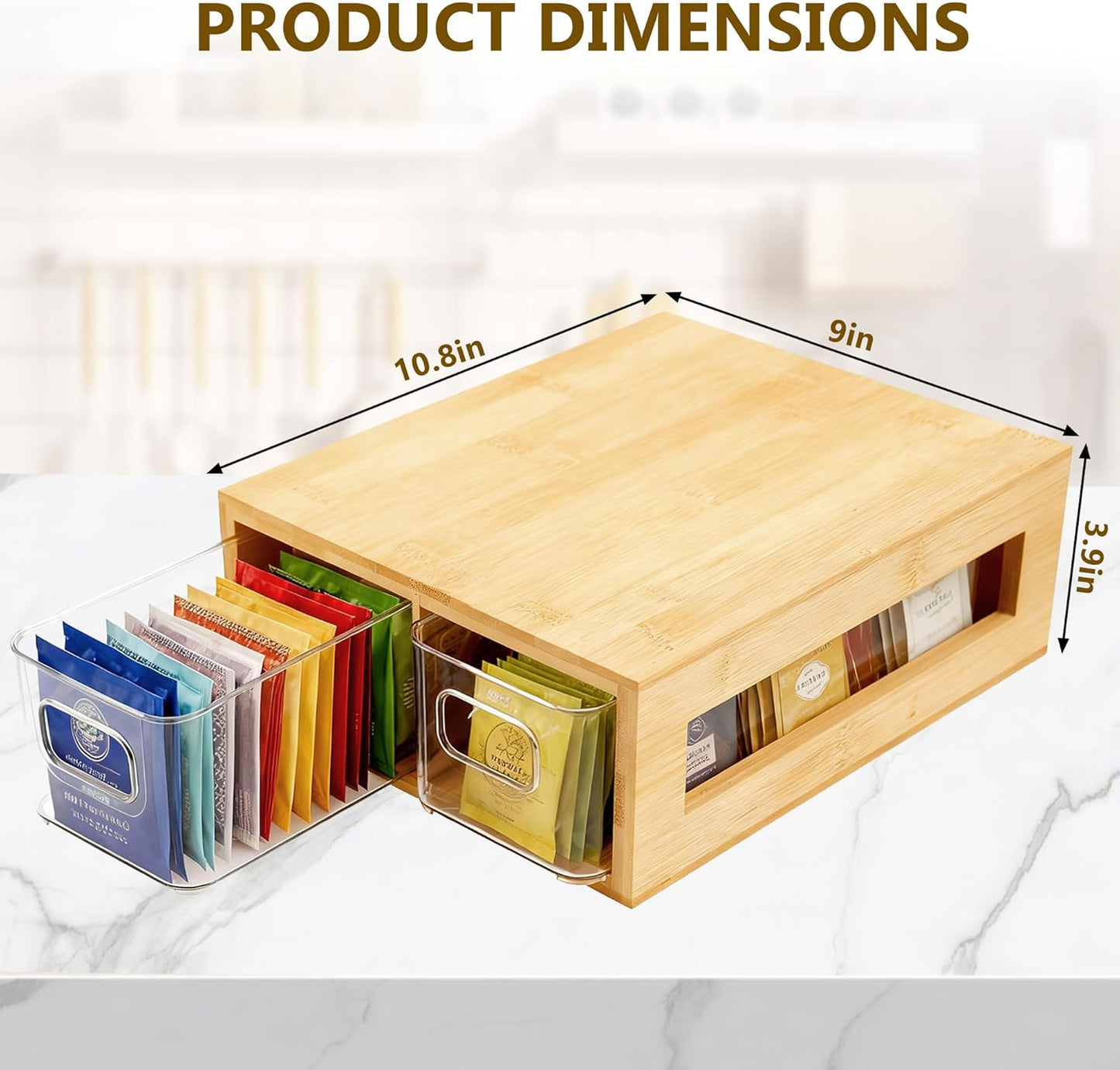 Tea Bag Organizer, Bamboo and Acrylic Drawer Tea Bag Holder Wood Tea Bag Storage for Drawers with 2 Roomy Compartments for Kitchen Living Room