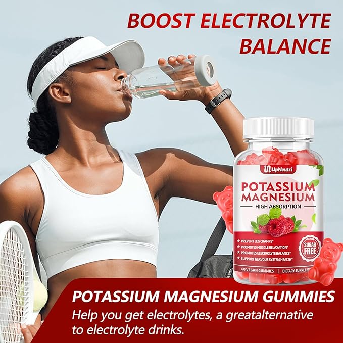 Potassium Magnesium Supplement Gummies for Adults Kids, Sugar-Free Potassium Gummies Supports Leg Cramps & Muscle & Immune Health, High Absorption Magnesium Gummies Raspberry Flavor 120 Cts