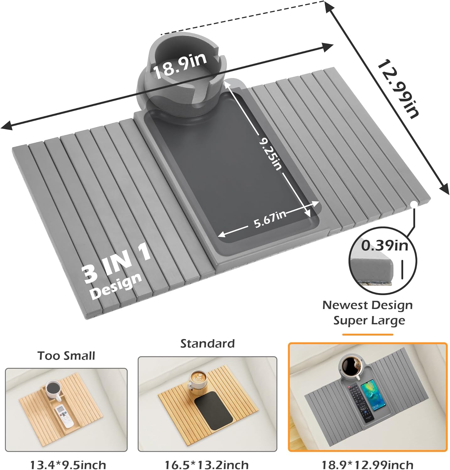 Couch Cup Holder Tray, Large Couch Arm Table with 360° Ratated Phone Holder, 3 in 1 Bamboo Sofa Armrest Tray with Anti-Slip Couch Organizer for Remote,Cellphone,Snacks
