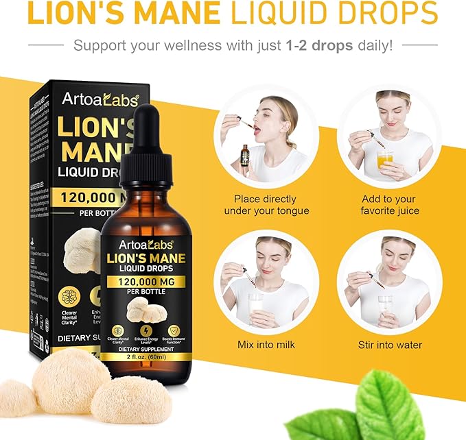 Lions Mane Mushroom Drops 120,000 MG, Brain Supplement, Brain Vitamins, Enhance Memory & Focus & Immunity, 2 Oz