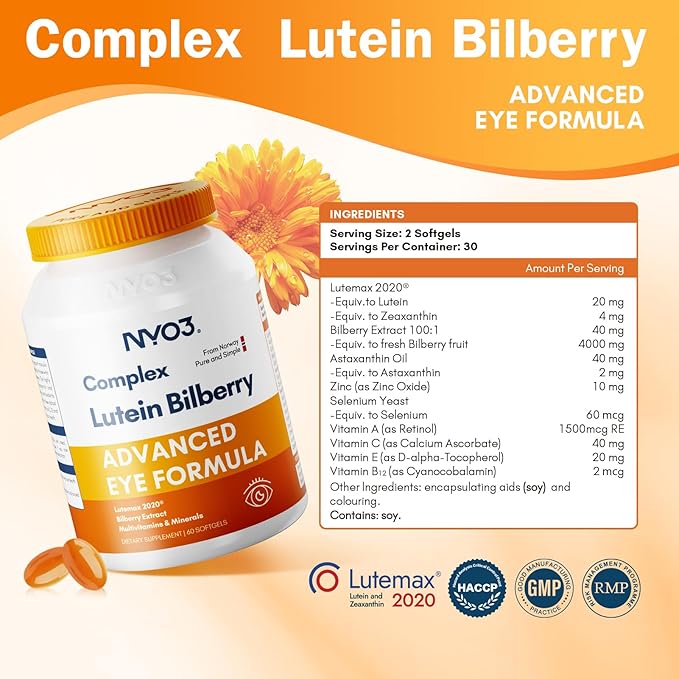 Eye Vitamins with Lutein and Zeaxanthin,Patented Eye Formula,Recommended by NIH,Advanced Bilberry & Astaxanthin,Vitamins A, C, E, B12 & Minerals, Eye Health & Vision Protection, 60 Softgels