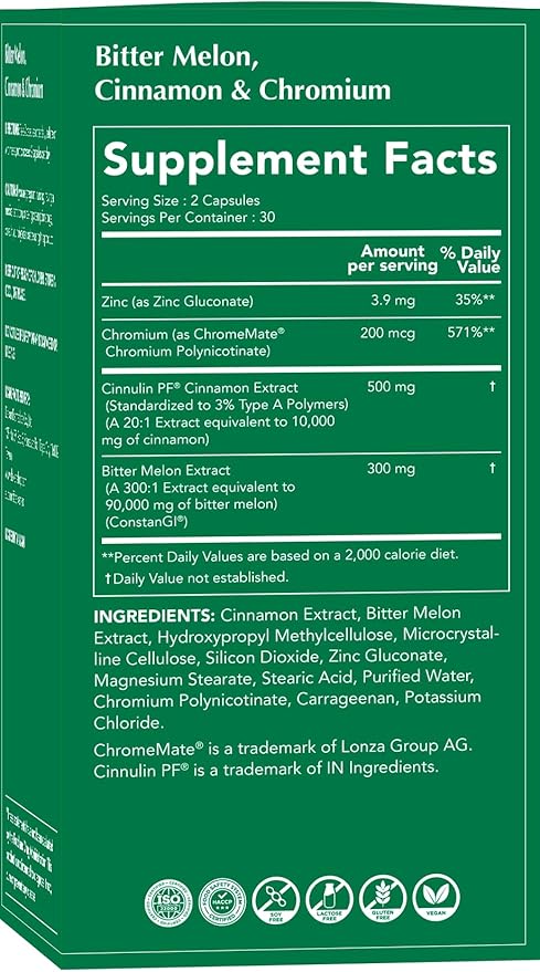 DAIKEN Bitter Melon 90,000 mg Equivalent, Enriched with Cinnamon, Chromium & Zinc, 100% Vegetarian Bitter Melon Capsules, 60 Capsules (Pack of 2)