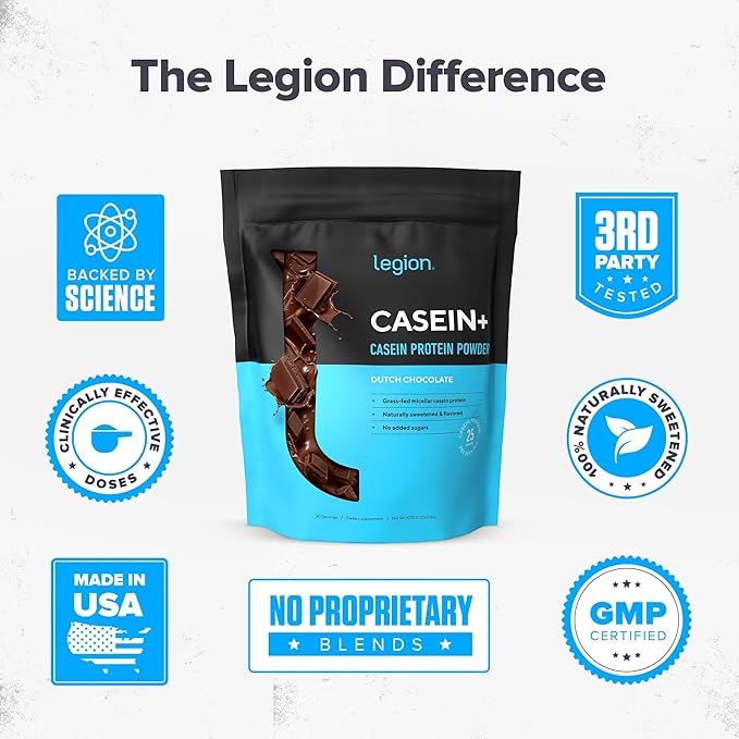 LEGION Casein Protein Powder (Dutch Chocolate) - Slow-Release Micellar Casein Protein Powder - Non-GMO, Gluten-Free & Naturally Sweetened Powder from Grass-Fed Cows (25 Servings)