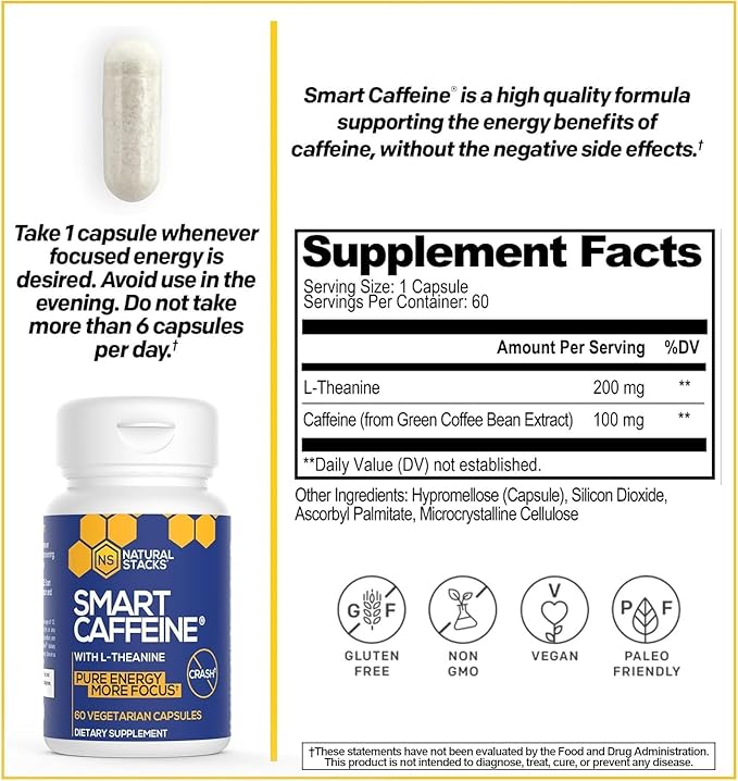NATURAL STACKS Smart Caffeine Pills - 100mg Caffeine + 200mg L-Theanine Supplement - Supports Energy and Focus - No Jitters and No Crash - 60 Capsules