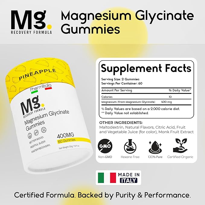 Magnesium Glycinate Gummies 400mg - Sleep Gummies for Kids & Adults - Magnesium Glycinate Chewable High Absorption for Muscle Recovery, Better Sleep & Relaxation, 60 Count, Pineapple