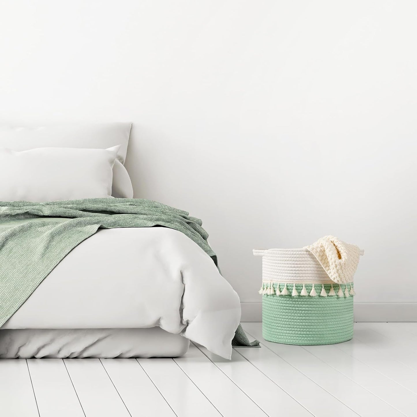 danpinera 11 Inch Woven Baskets for Storage, 3 Storage Baskets for Organizing in Laundry, Living Room, Nursery, Cute Rope Boho Baskets for Shelves, Decorative Storage Basket, Green