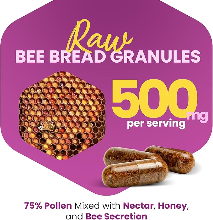 Bee Bread Capsules – Nutrient-Rich Superfood for Energy Boost, Immune Support Supplement | Non-GMO, Gluten-Free, 60 Easy-to-Swallow Veggie Capsules