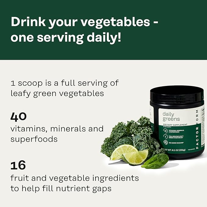 FACTOR FORM Daily Greens Superfood Powder | 5 Functional Blends for Gut Health, Energy & Immunity | Prebiotics, Probiotics, Adaptogens, B Vitamins (30 Servings, Jar)