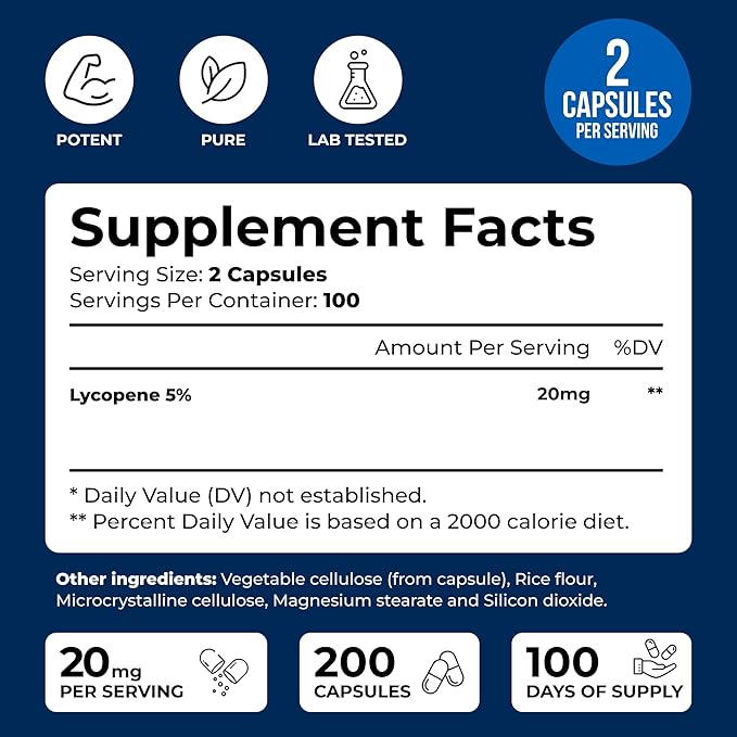 We Like Vitamins Lycopene Supplements for Men & Women - Lycopene 20mg Per Serving - 200 Capsules - Super Antioxidant which Helps Support Immune System and Prostate Health