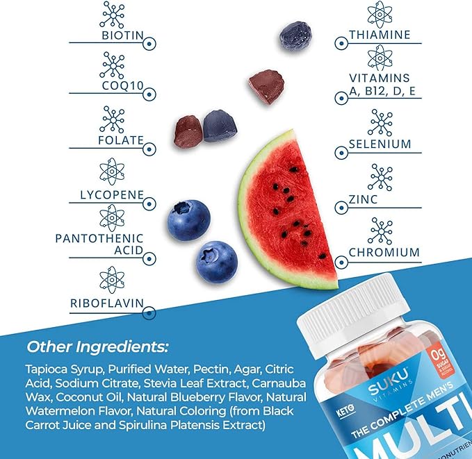 SUKU Men's Daily Multivitamin Gummies – Vitamins A, B12, C, D3, E, Zinc, CoQ10 & Lycopene – Prostate, Heart & Immune Support – Sugar-Free, Vegan, Mixed Fruit Fusion – 60 Count