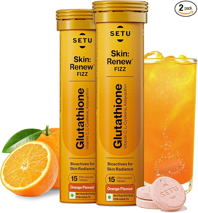 SETU Skin Renew, Glutathione with Vitamin C, Gluta Fizz, Supports Detoxification, Sugar-Free, Orange Flavour, 30 Effervescent Tablets
