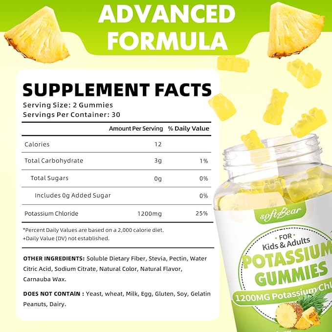 softbear Potassium Chloride Gummies 1200mg, Sugar-Free Potassium Gummies for Adults Support Leg Cramps High Potency Potassium Chloride Supplement, Pineapple Flavor 60 Count