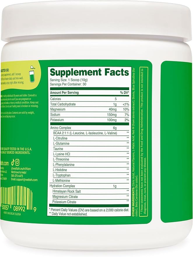 Wellah So Long Soreness BCAA Powder (Green Apple Flavored) 30 Servings - with Hydration Complex