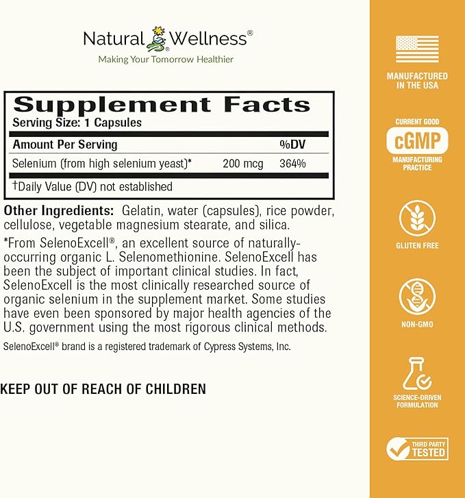 Natural Wellness Organic Selenium 200 mcg – SelenoExcell for Antioxidant, Thyroid, and Metabolism Support – 60 Capsules, 60-Day Supply