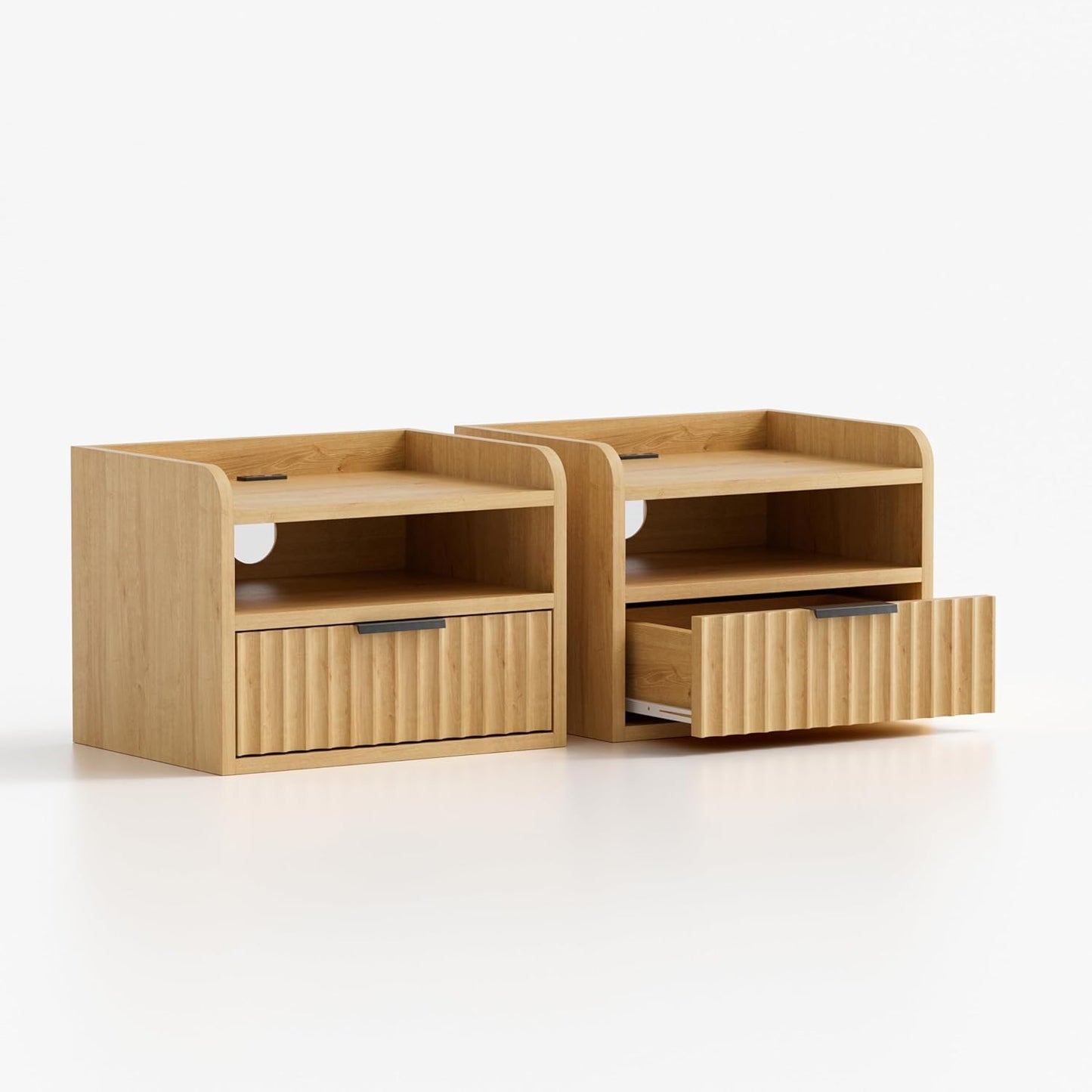 Fluted Floating Nightstands Set of 2 with Drawer, Modern Small Wall Mounted Storage Night Stand with Charging Station, Wood Bedside Table USB C & USB A Ports, Natural Oak