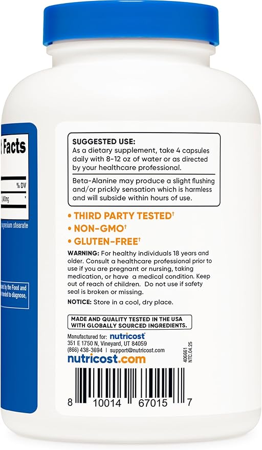 Nutricost Beta-Alanine Capsules 3400mg, 240 Caps (2 Pack) - Potent Beta Alanine, Gluten Free & Non-GMO, 850mg Per Cap, 60 Serv Per Bottle