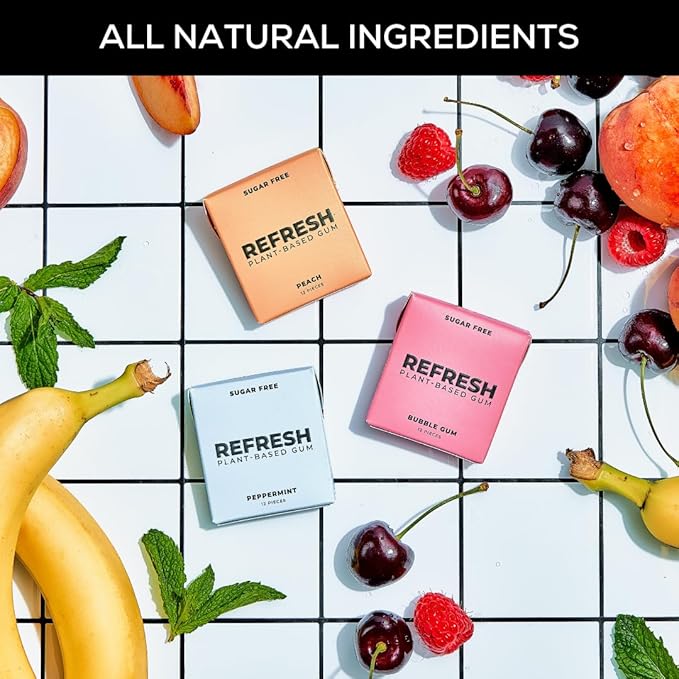 Refresh Gum, Xylitol, Sugar Free, Natural, Aspartame Free Chewing Gum, Natural Flavors & Organic Ingredients, Plant-Based, Non GMO, Gluten Free, Vegan, Peppermint, Bubble Gum & Peach, 12 Pcs, 6 Pack