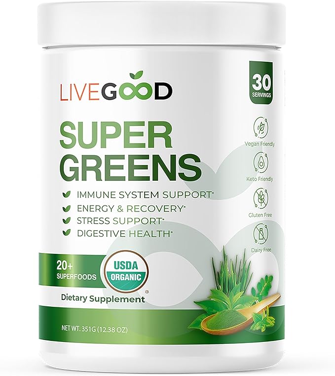 LiveGood Super Greens Powder Organic Superfood with Wheat Grass Powder, Daily Superfood Powder for Immune Support, Energy and Detox, Green Juice Powder Supplement (30 Servings), 12.38 Oz