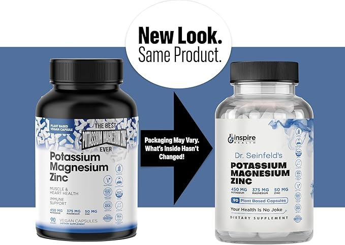 Magnesium Potassium Supplements w/Zinc - 90 Capsules - Magnesium Potassium Zinc for Vascular Health – High Absorption Vegan Supplement for Leg Cramps & Sleep Dr Seinfeld