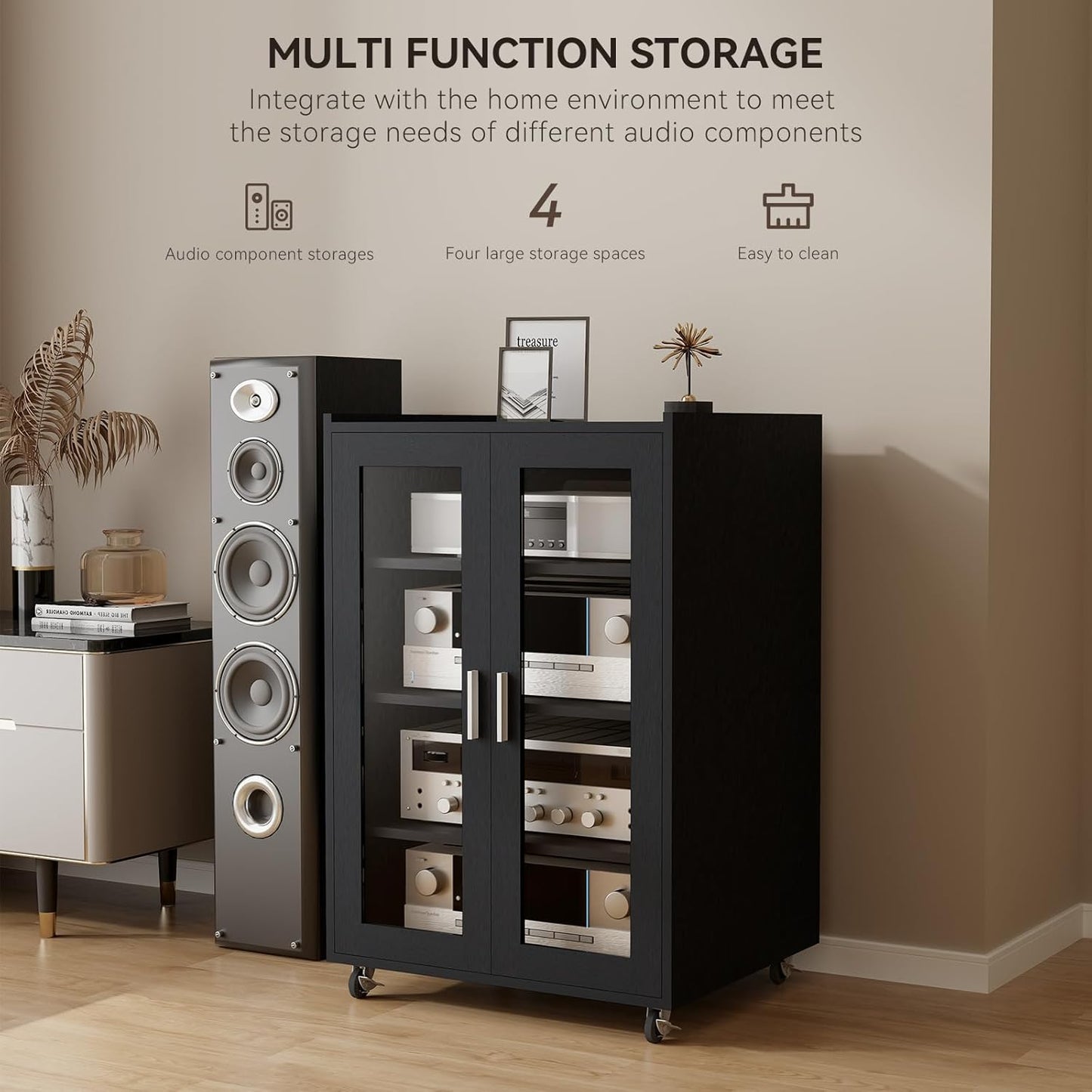 ELECWISH Media Storage Cabinet, Audio-Video Media Stand,Stereo Cabinet with 4 Height-Adjustable Shelves, AV Rack with Glass Doors for Meeting, Living, Recording Room