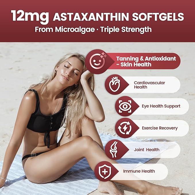 Astaxanthin 12mg, 480 Softgels, Fresh Haematococcus Pluvialis 10 in 1 Astaxanthin Antioxidant Supplements, Contains Lycopene, Grape Seed, Vitamin E, & More Supports Eye, Joints, Skin Health, 2 Bag