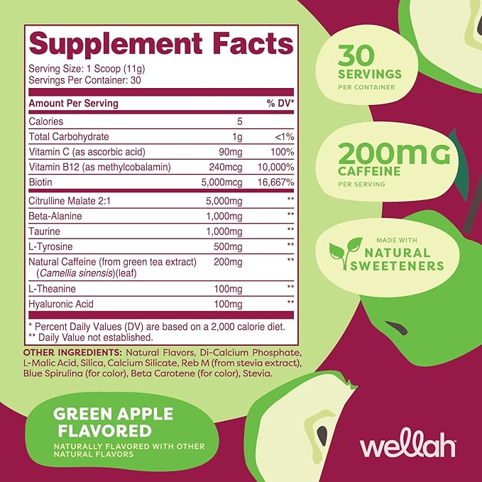 Wellah Get-Going Pre-Workout Drink Mix (Green Apple Flavored, 30 Servings)