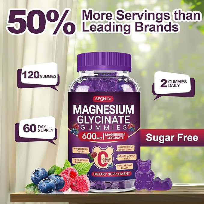 Magnesium Glycinate Gummy 600mg, Chewable Sugar Free Potassium Magnesium Gummy for Sleep, Body Support and Relaxation, Magnesium Supplements with Vitamin D, B6, and CoQ10 for Men & Women