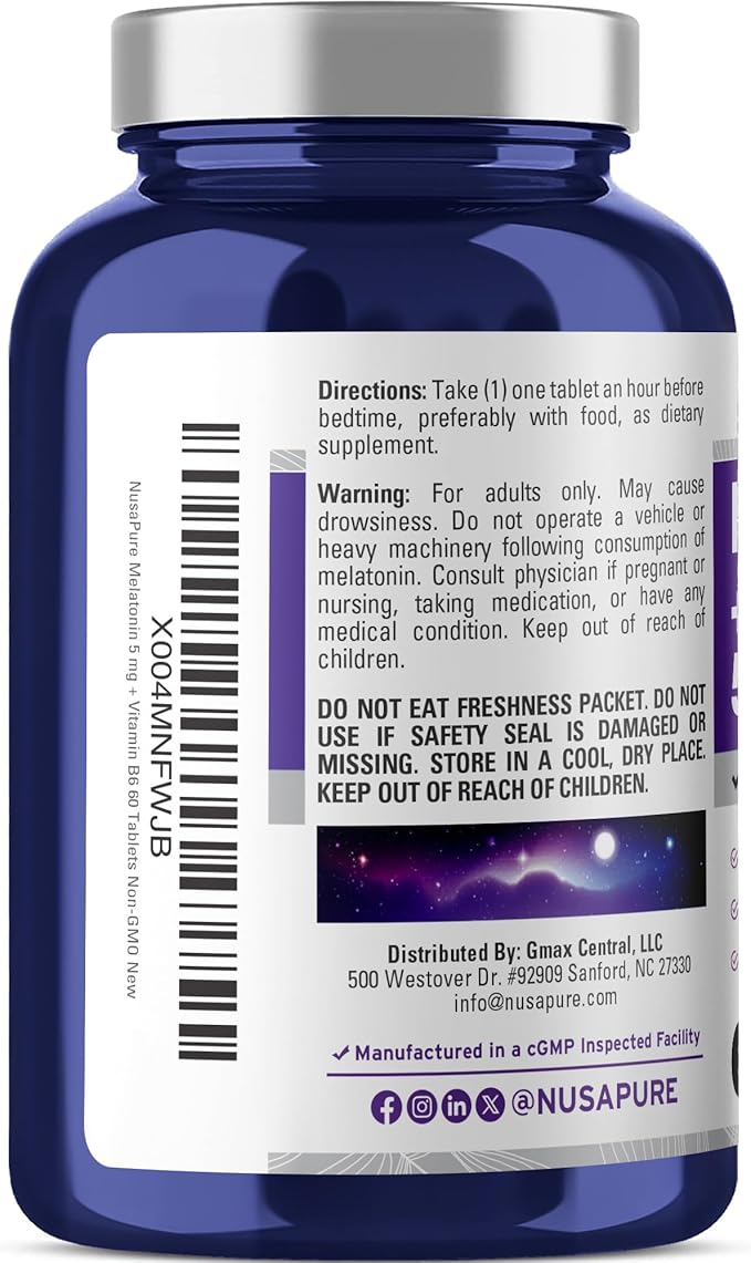 NusaPure Melatonin 5 mg 60 Tablets Vegetarian/Vegan, Non-GMO