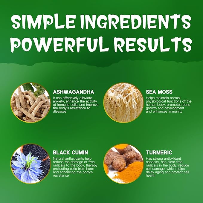 Ashwagandha Gummies, Sea Moss, Black Seed Oil, Turmeric, Manuka Honey, ACV, Dandelion, Black Pepper, Burdock, Bladderwrack, Blueberry Flavor, Vegan, Gluten-Free, Non-GMO, 60 Count