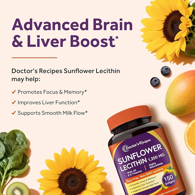Doctor's Recipes Sunflower Lecithin 1200 mg, for Men & Women, Non-GMO, All 8 B Vitamins with Folate, Methyl B12, B6, Biotin & Inositol, Nerve, Cellular Energy Support, 150 Softgels