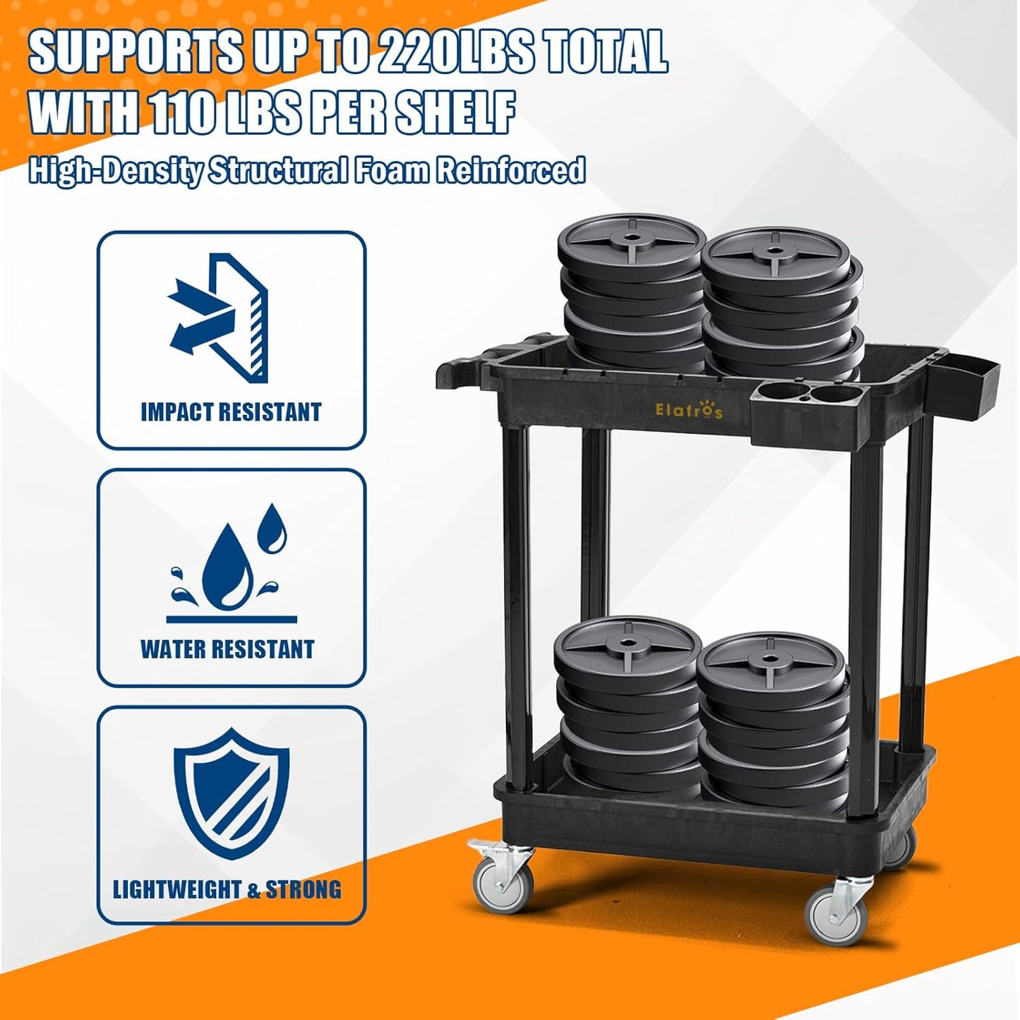 ELAFROS Heavy Duty 2-Shelf Utility Cart, 28x19 Inch, 330 lbs Capacity, Industrial Plastic, Locking Swivel Wheels - Multipurpose Service Rolling Cart for Home, Office, Industrial Use