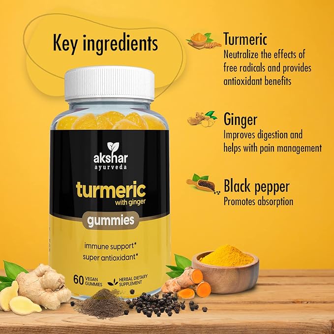 Akshar Ayurveda - Turmeric with Ginger Gummies - Immune Support Turmeric Curcumin Supplements with Ginger Root and Piperine Black Pepper Super Antioxidant - Vegan Cruelty-Free (60 Vegan Gummies)