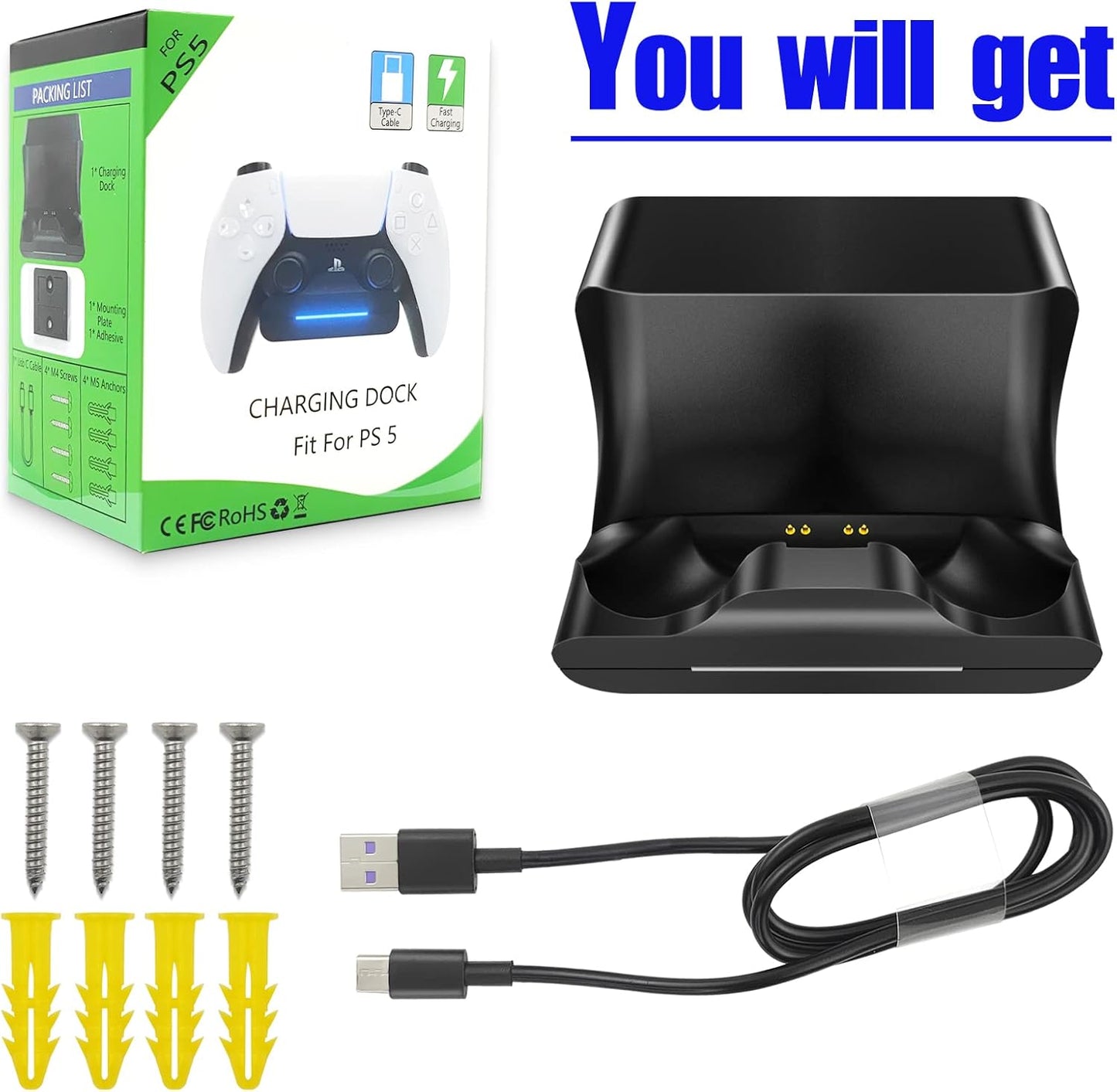 REEYEAR PS5 Controller Wall Mount Charger Dock with 3.3Ft Cord,Charging Station Holder fits for PS5 Pro Wireless Controller with LED Indicators Fast Charging Speed Cable,Space Saving