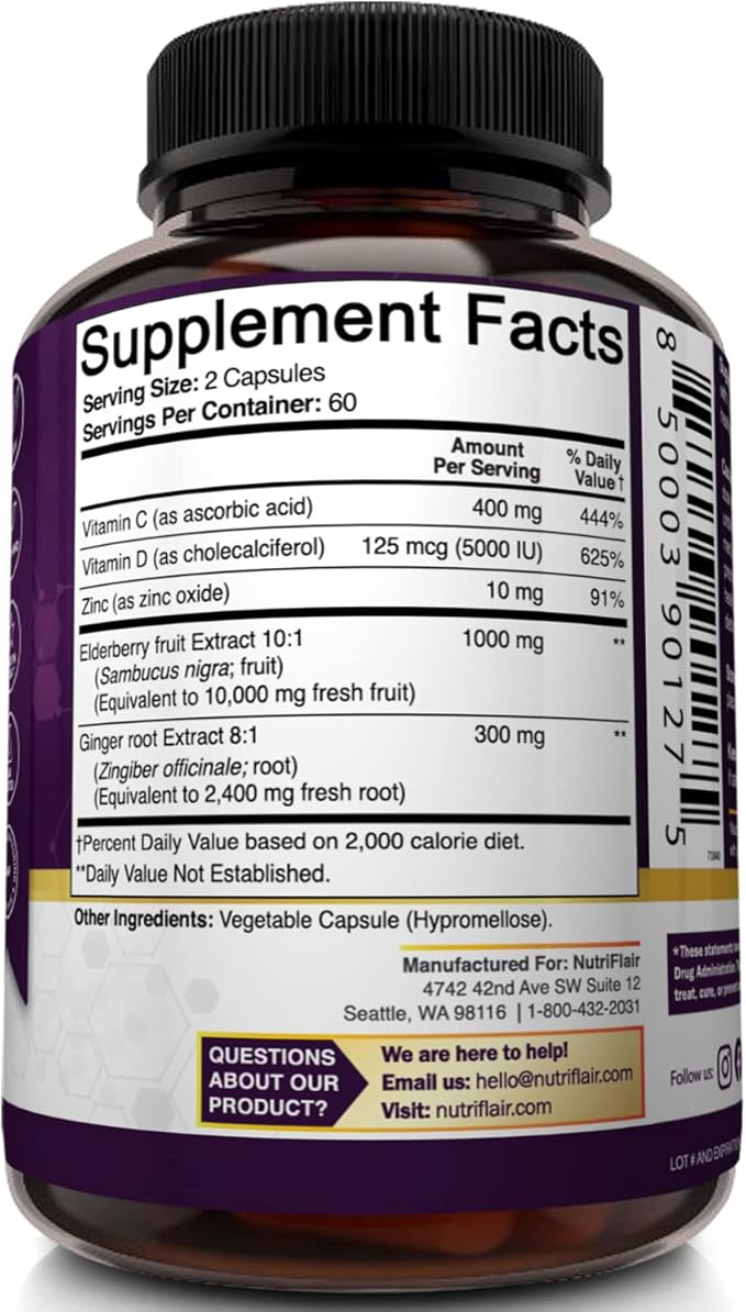 NutriFlair Sambucus Elderberry, 120 Veggie Capsules - 5 in 1 Immune Support and Antioxidant Supplement with Vitamin C, Vitamin D3 5000 IU, Zinc, Ginger, Black Dried Elderberry Pills - 2 Month Supply