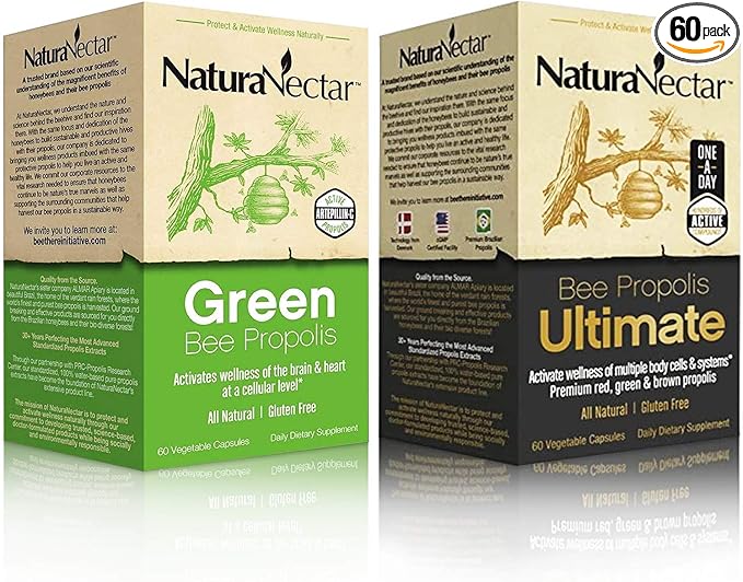 NaturaNectar Natural Bee Propolis Bundle - Green Bee Propolis and Bee Propolis Ultimate - for Immune Support, Memory and Focus - 60 Capsules per Bottle